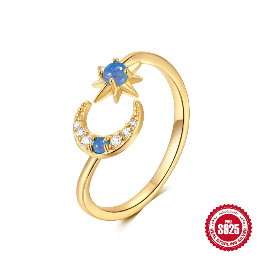S925 Sterling Silber Stern Mond Eingelassene Opal Zwillings-Halskette Verstellbare Ring Set   Heiße Verkaufs Schmuck | Shop Nory