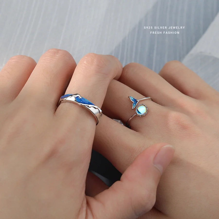 925 Sterling Silber Künstlicher Mondstein Meereswelle Fischschwanz Wal Offene Ringe 925 Sterling Silber Ringe | Shop Nory