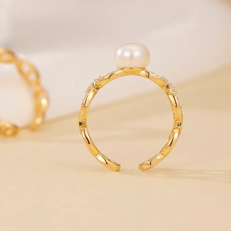 18K vergoldet Weißgold vergoldet 925 Sterling Silber Perle Zirkon Geometrische Linien Offene Ringe | Shop Nory