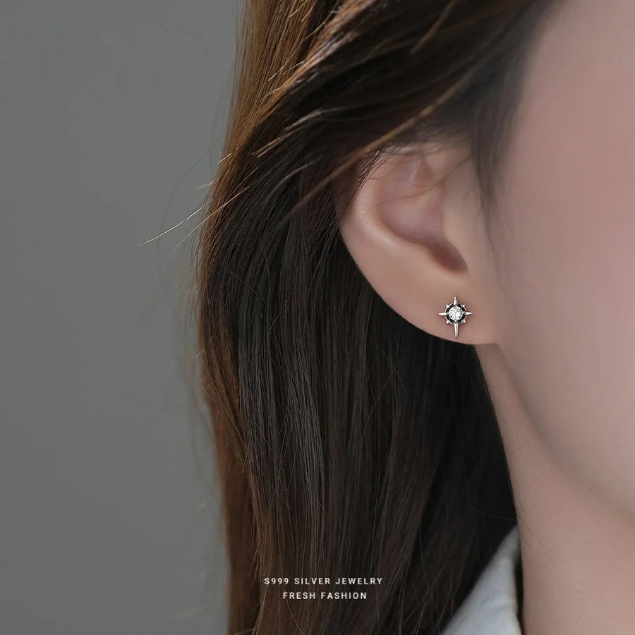 1 Paar S999 Silber Zirkon 925 Sterling Silber Ohrringe Achtstrahlige Stern Ohrstecker | Shop Nory
