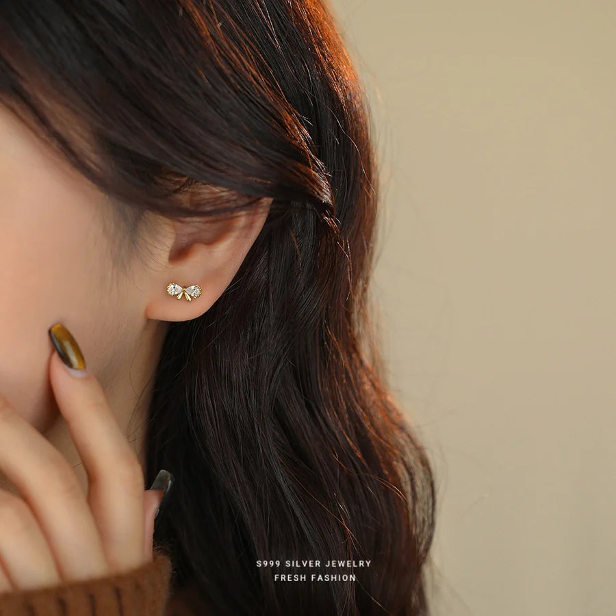 1 Paar S999 Silber Zirkon 925 Sterling Silber Ohrringe Schleife Knoten Ohrstecker | Shop Nory