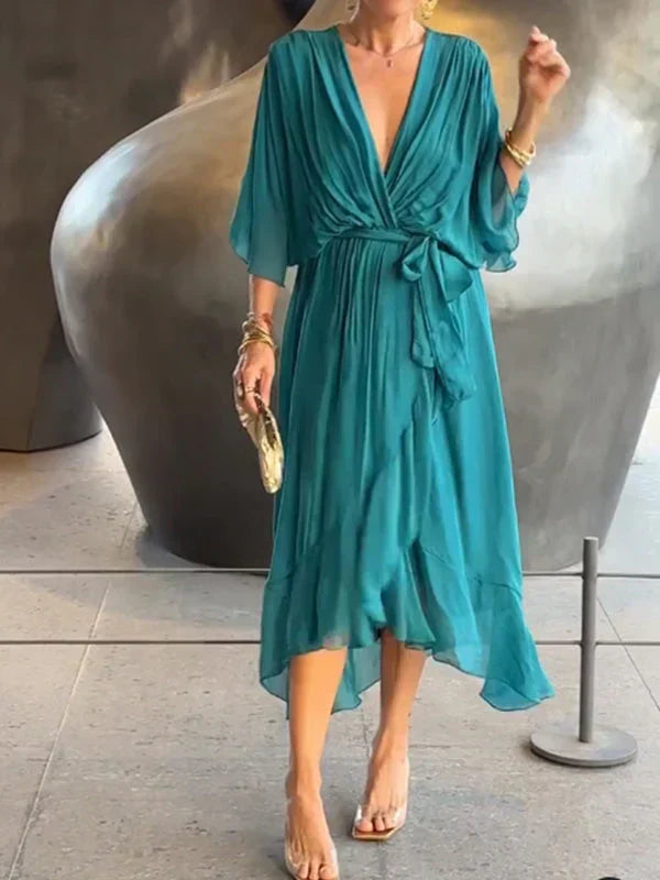 Shopnory | Grünes Chiffonkleid mit V-Ausschnitt