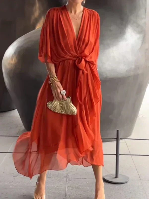 Shopnory | Grünes Chiffonkleid mit V-Ausschnitt