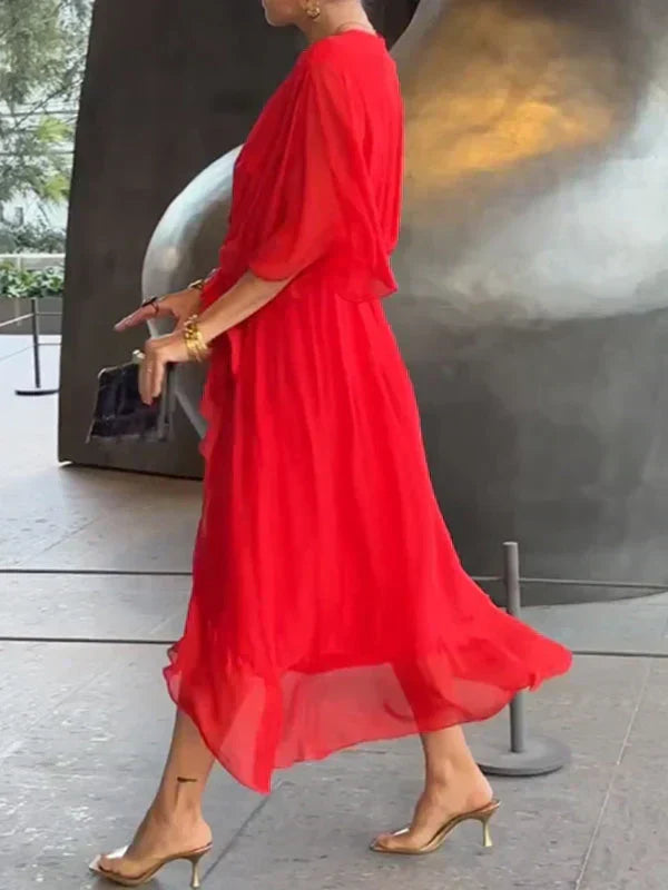 Shopnory | Grünes Chiffonkleid mit V-Ausschnitt