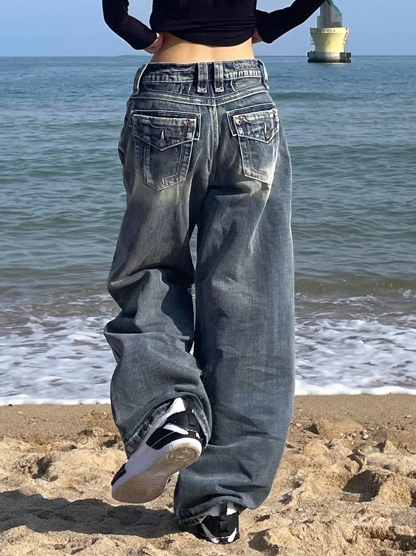 Hop Gewaschene Distressed Hoher Taille Baggy Jeans