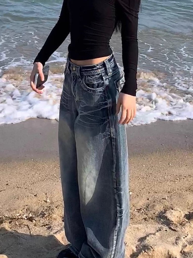 Hop Gewaschene Distressed Hoher Taille Baggy Jeans