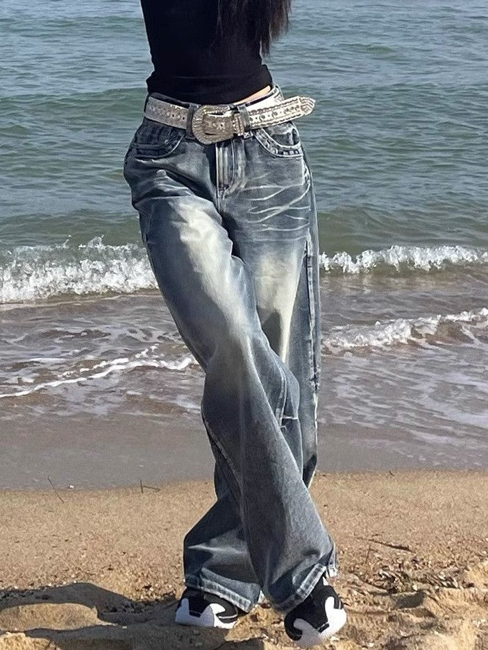 Hop Gewaschene Distressed Hoher Taille Baggy Jeans
