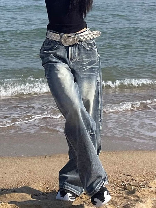 Hop Gewaschene Distressed Hoher Taille Baggy Jeans