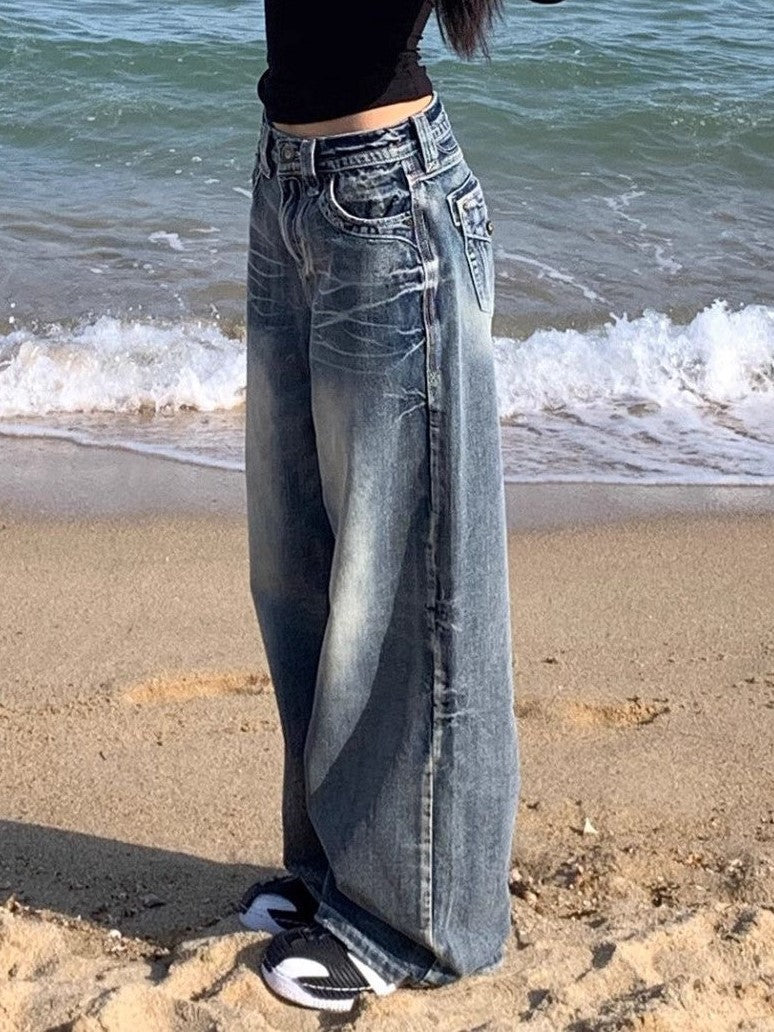 Hop Gewaschene Distressed Hoher Taille Baggy Jeans