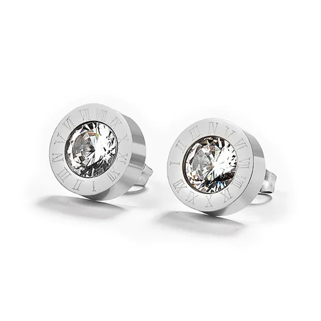 Unisex Silber Runde Kristall Zentrum Anti-Allergie Edelstahl Zahlen Ohrringe | Shop Nory