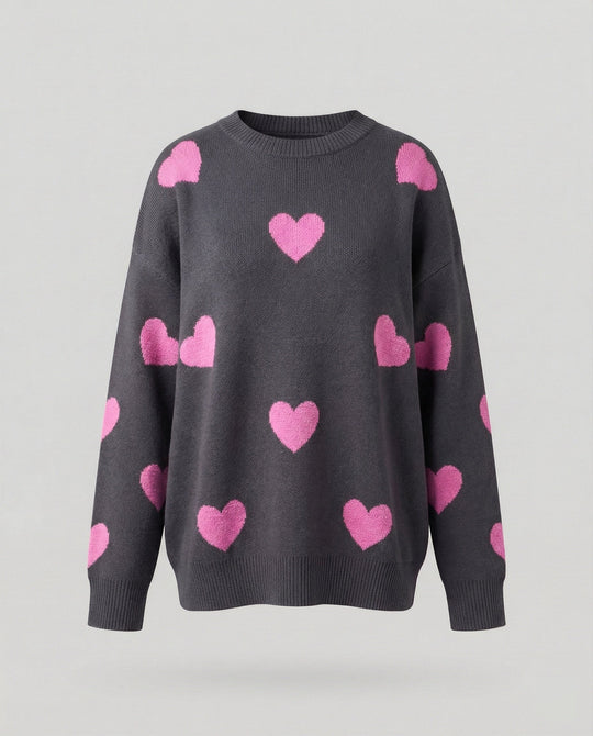 Shopnory | Gestrickte Übergröße Passform Herzmuster Langärmlig Lässig