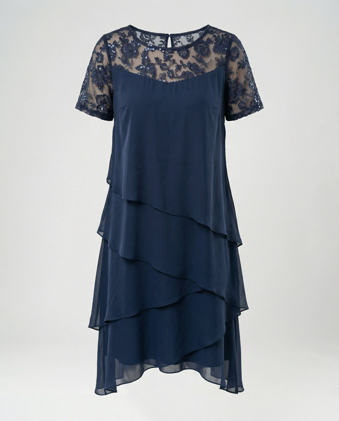 Damen Elegantes Schichtkleid mit Spitzenärmel und asymmetrischem Saum