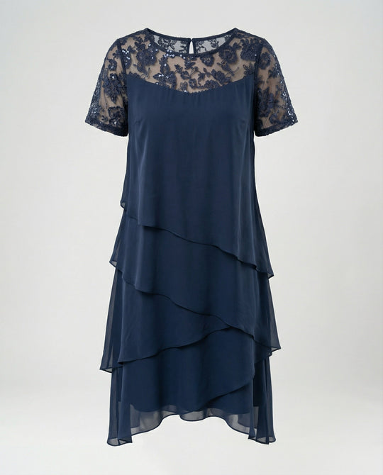 Damen Elegantes Schichtkleid mit Spitzenärmel und asymmetrischem Saum