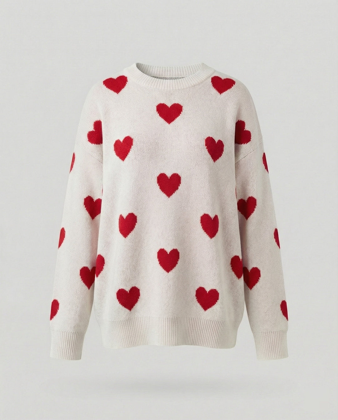 Shopnory | Gestrickte Übergröße Passform Herzmuster Langärmlig Lässig