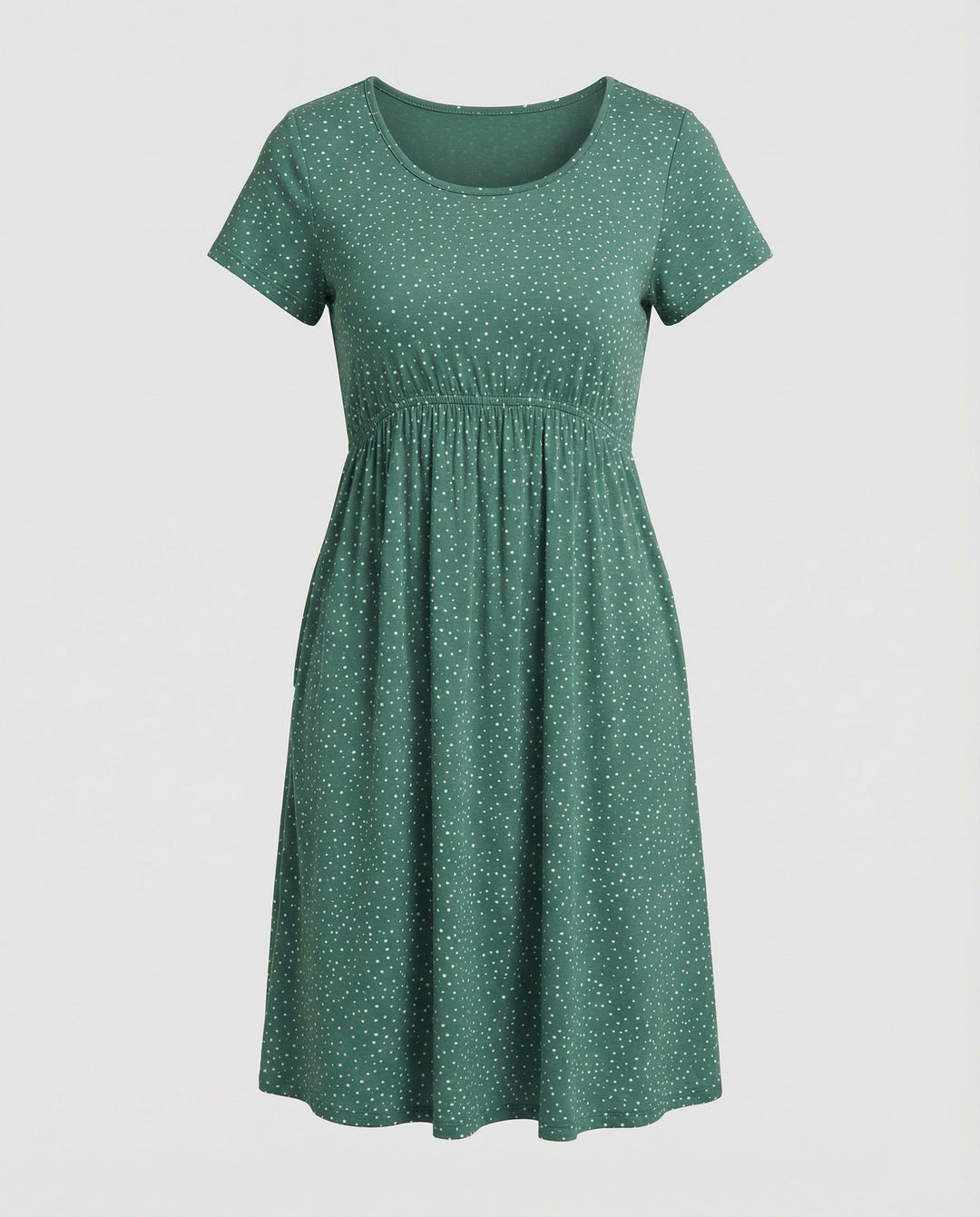 Damen Elegantes Grünes Midikleid mit Punktmuster & Kurzen Ärmeln