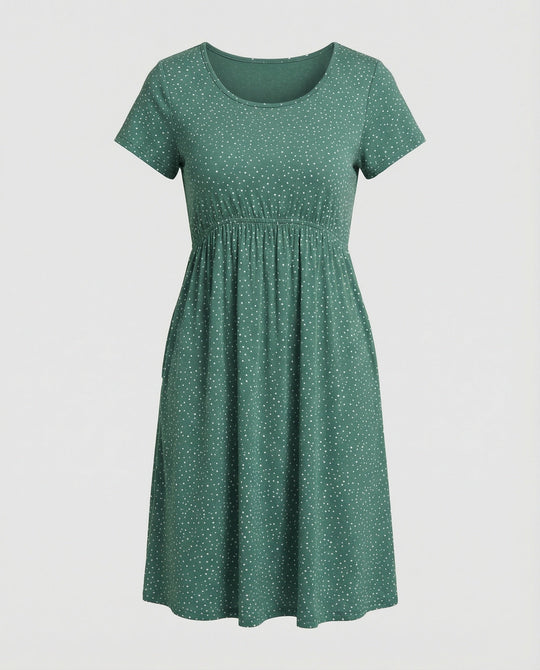 Damen Elegantes Grünes Midikleid mit Punktmuster & Kurzen Ärmeln