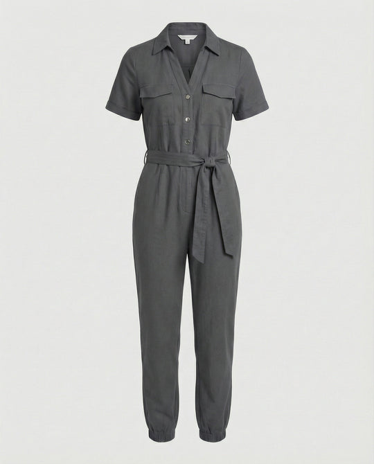 Damen lässiger Jumpsuit mit tailliertem Schnitt und durchgehender Knopfleiste