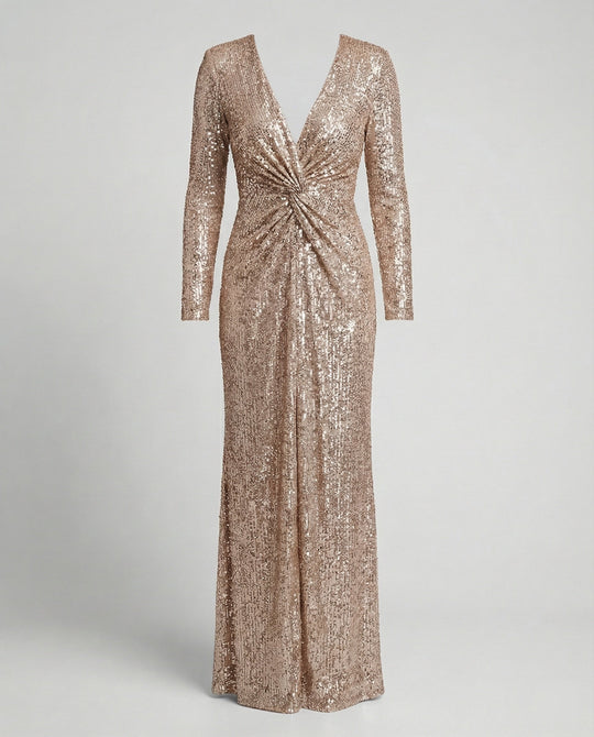 Give Em' Glam Paillettenkleid mit Langen Ärmeln und Gekreuztem Taillendetail Abend-Maxikleid
