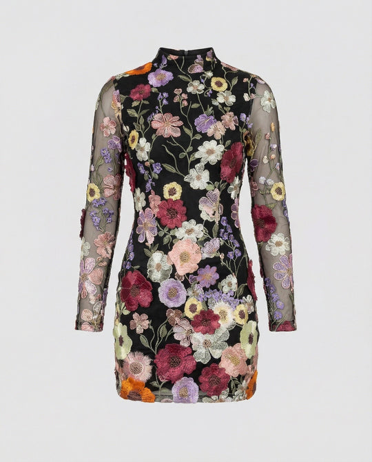 Minikleid mit floralen Applikationen und durchscheinender Optik