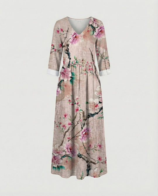 Damen Boho Maxikleid Sommer Leinenoptik