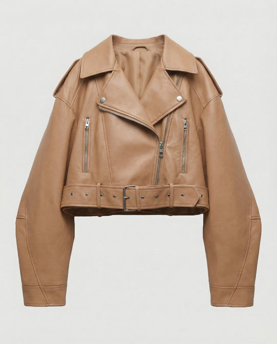 Damen Lederjacke Schwarz mit Gürtel