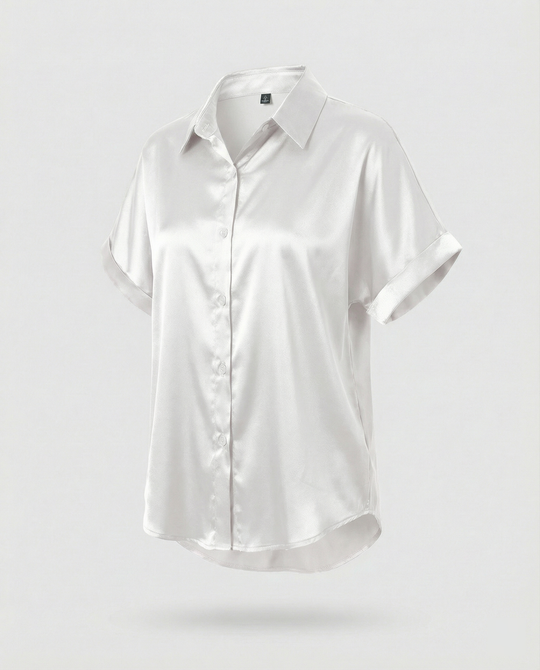 Damen Satin-Bluse mit großem Kragen und überschnittenen Schultern