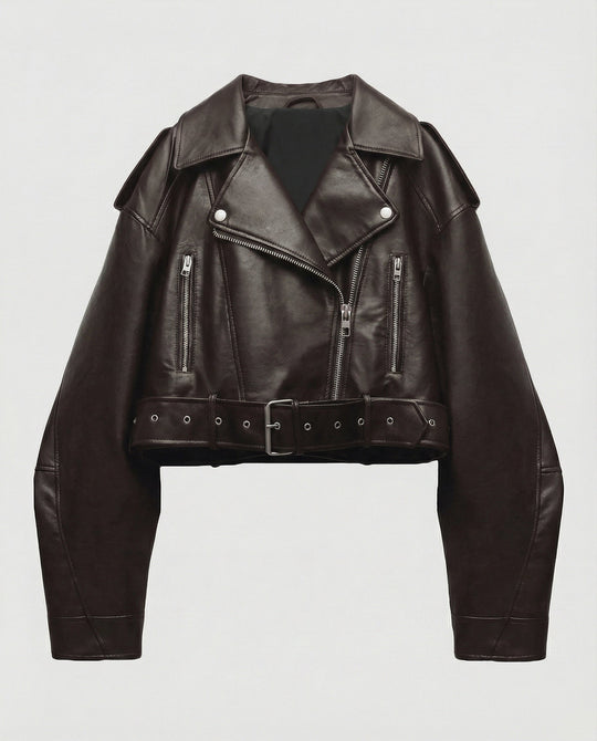 Damen Lederjacke Schwarz mit Gürtel