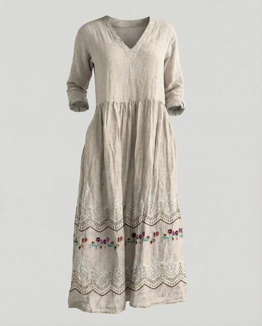 Damen Boho Maxikleid Sommer Leinenoptik