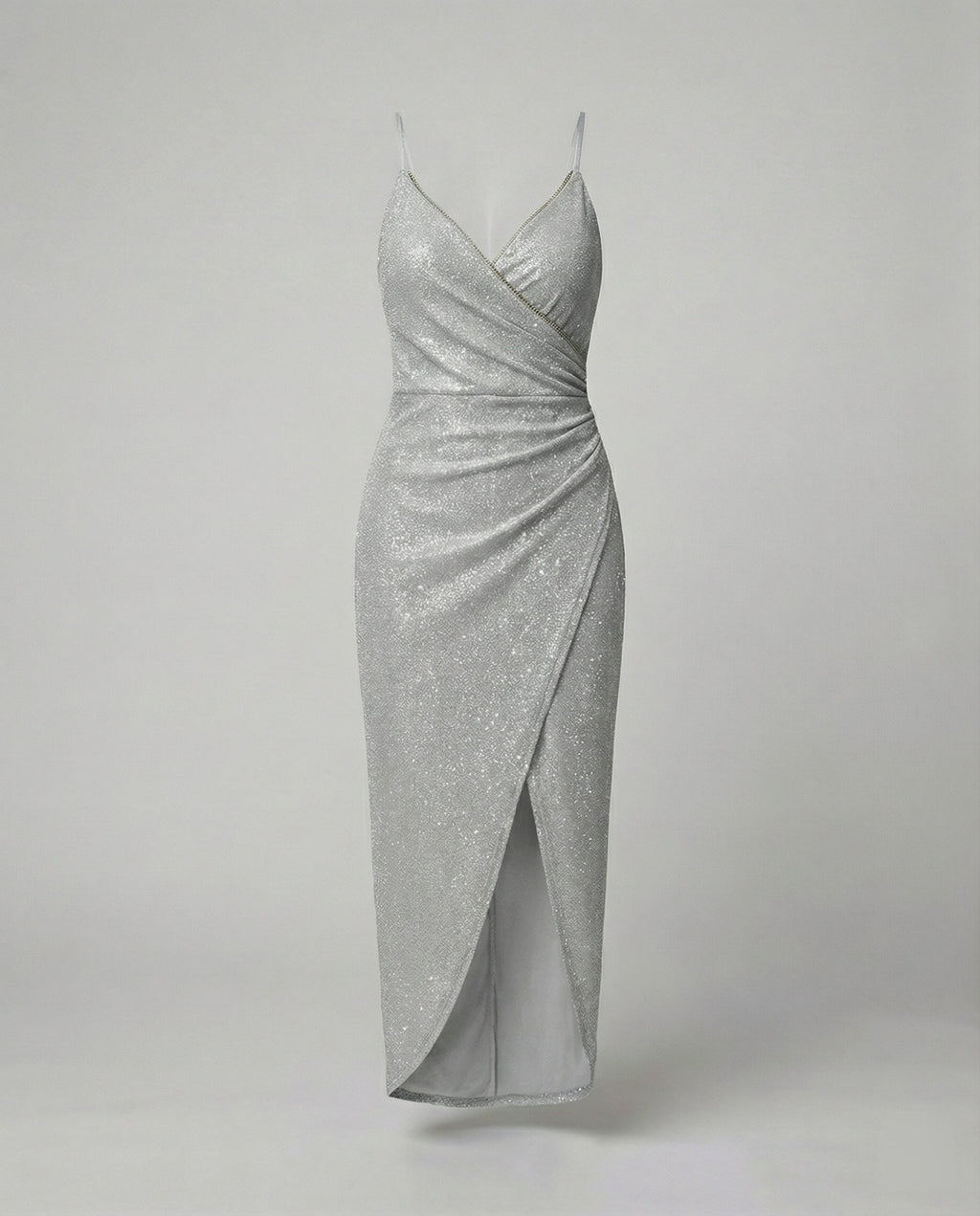 Damen Glamouröses Wickelkleid mit glitzender Oberfläche und hoch geschlitzt Shopnory