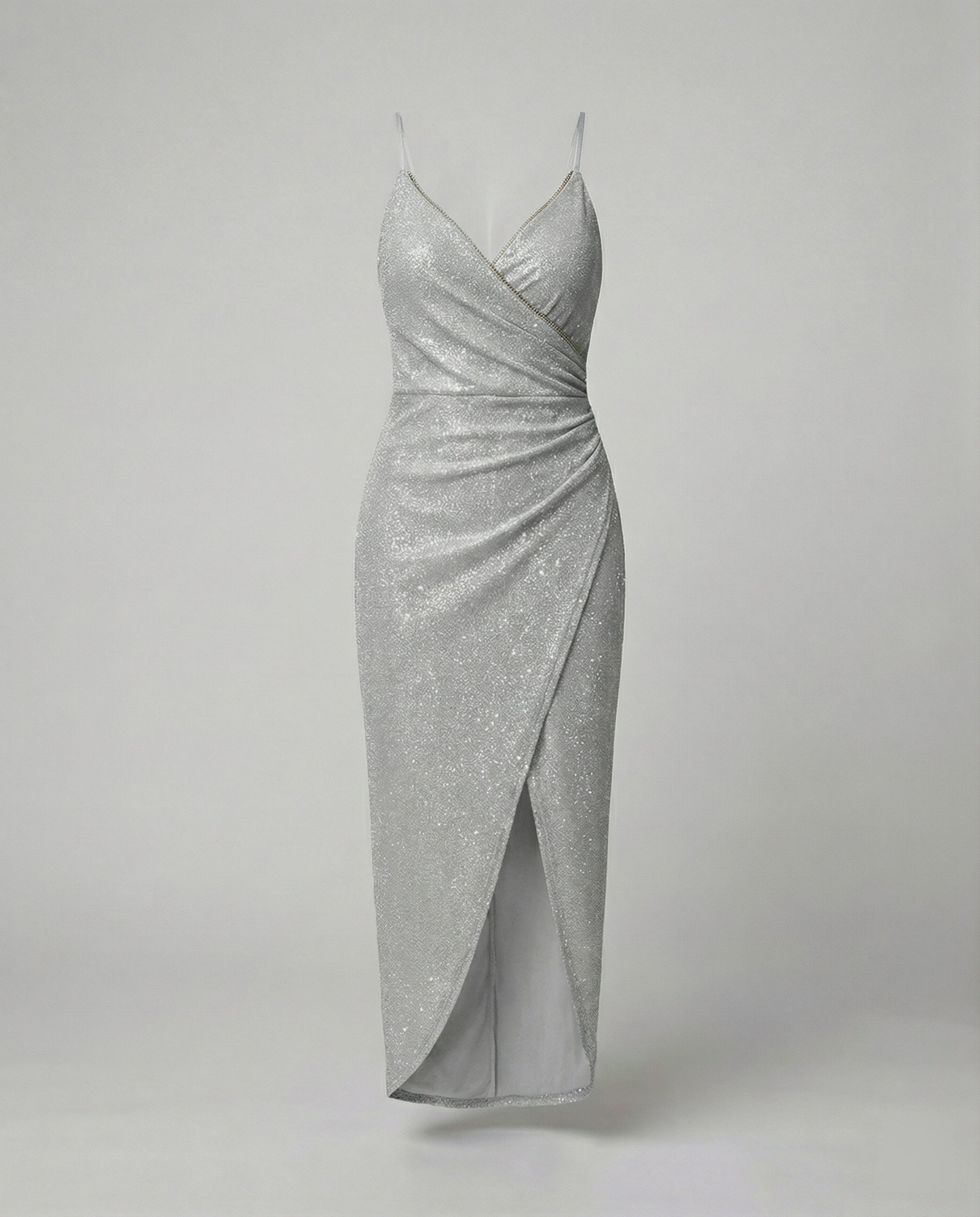 Damen Glamouröses Wickelkleid mit glitzender Oberfläche und hoch geschlitzt Shopnory