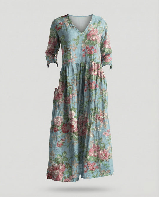 Damen Boho Maxikleid Sommer Leinenoptik