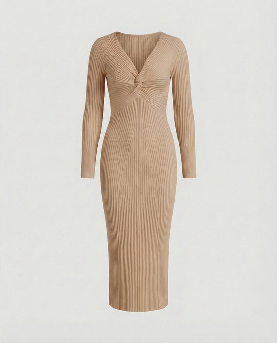 Damen figurbetontes langärmliges Strickkleid mit Knoten-Detail
