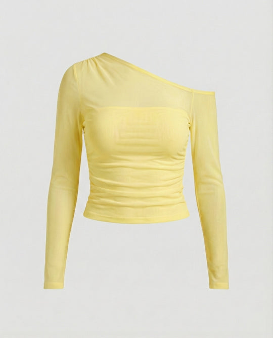 Damen Elegantes asymmetrisches Oberteil mit schulterfreiem Design und Raffung
