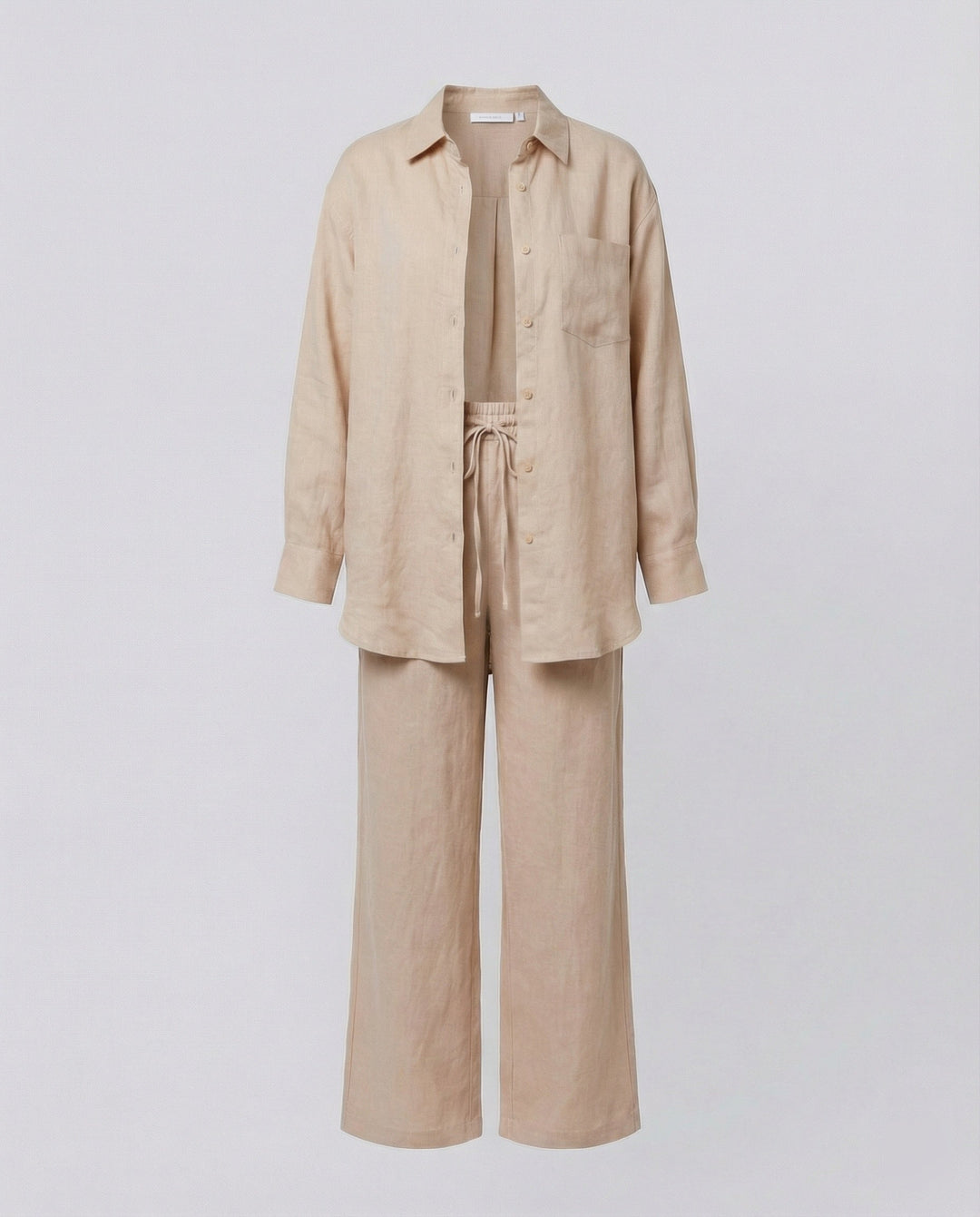 Damen Lässiges Leinen-Outfit mit weit geschnittenem Hemd und lockeren Hosen