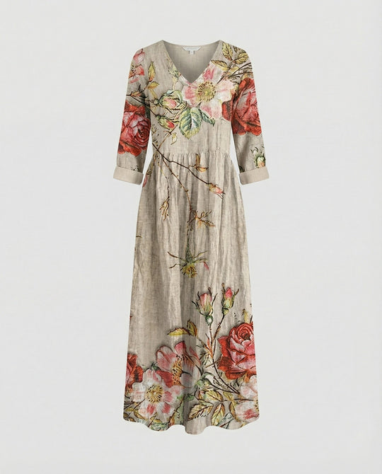 Damen Boho Maxikleid Sommer Leinenoptik