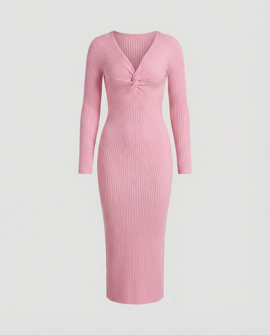 Damen figurbetontes langärmliges Strickkleid mit Knoten-Detail