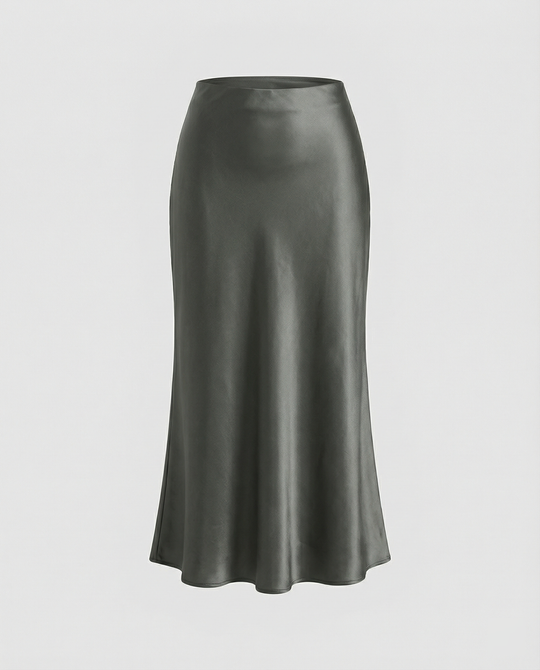 Damen eleganter Satin-Midirock mit fließendem Schnitt und hohem Bund