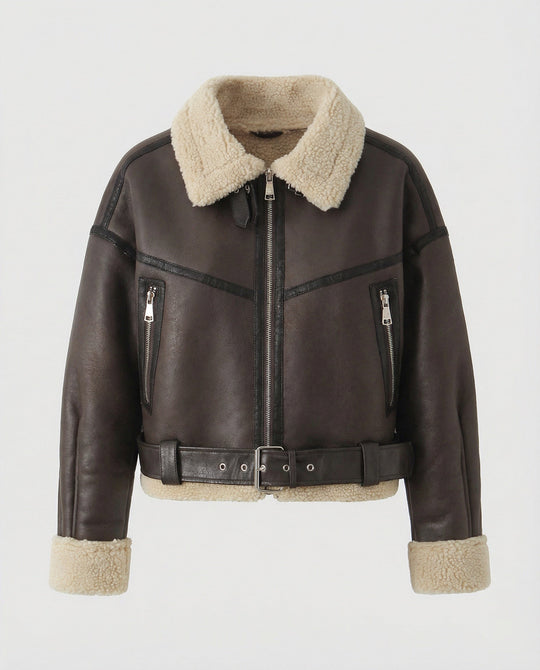 Damen Lederjacke mit Teddyfutter und Gürtel