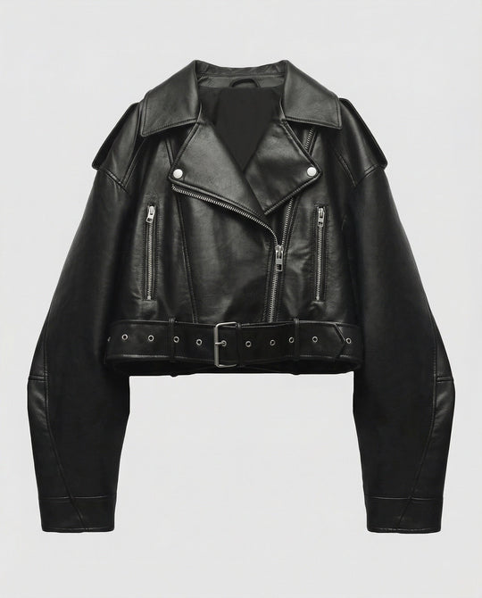 Damen Lederjacke Schwarz mit Gürtel