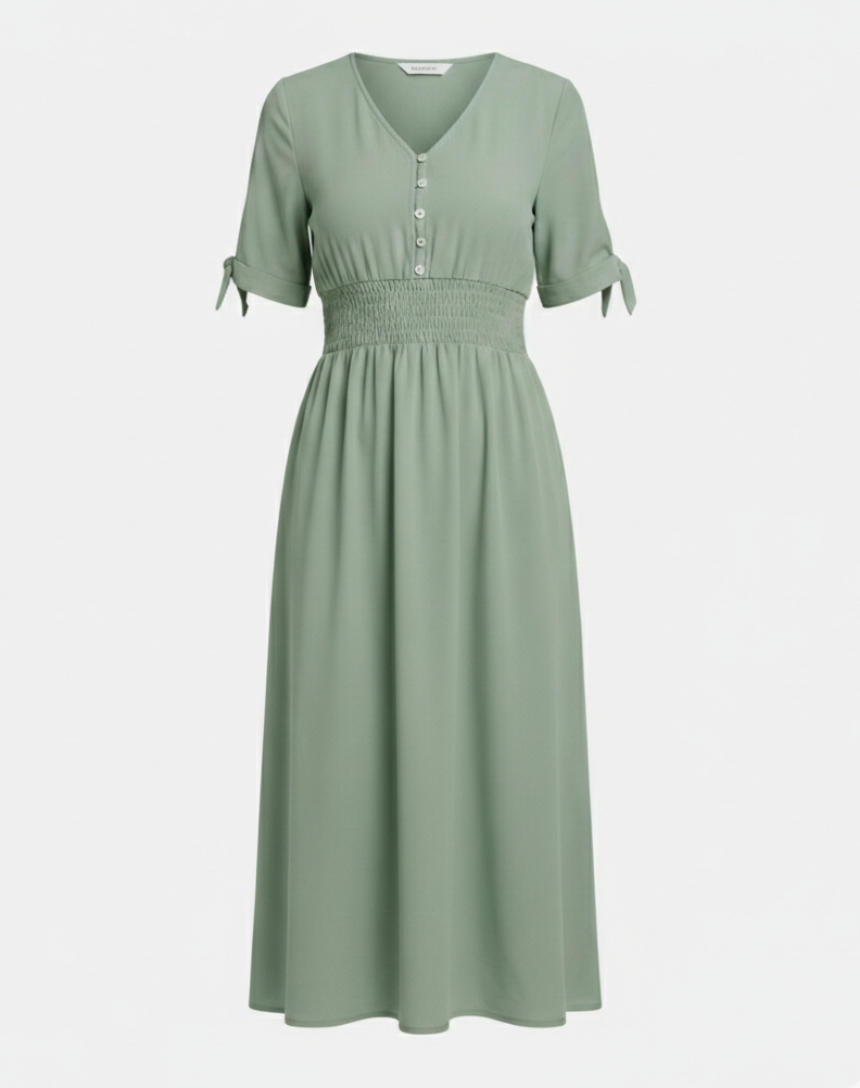 Damen Midikleid V-Ausschnitt mit Knopfleiste