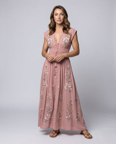 Damen Boho-Maxikleid Bruststickerei Smok-Taillenband Tellerrock