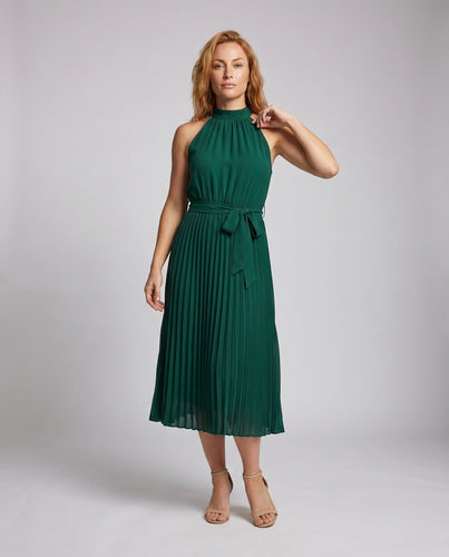 Damen Plissee Maxikleid mit tailliertem Bindegürtel