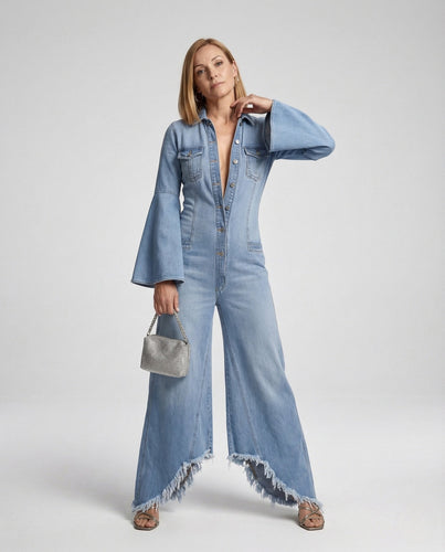 Damen Jeans Overall mit V-Ausschnitt & Glockenärmeln