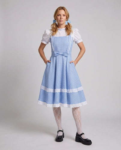 Damen nostalgisches kariertes Kleid mit Rüschendetails und passenden Accessoires Shop Nory