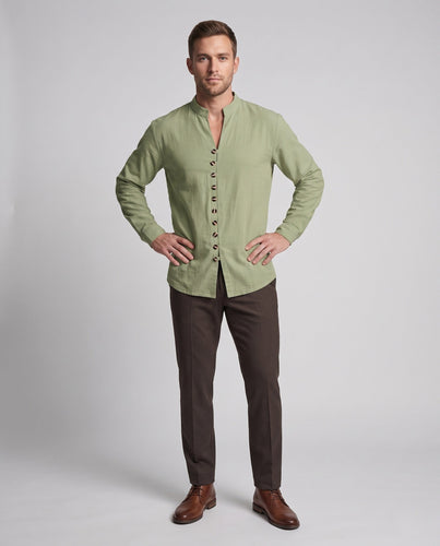 Herren Leichtes Leinenmischhemd mit Stehkragen, voller Knopfleiste und 3/4-Ärmeln, entspannter Fit Shop Nory