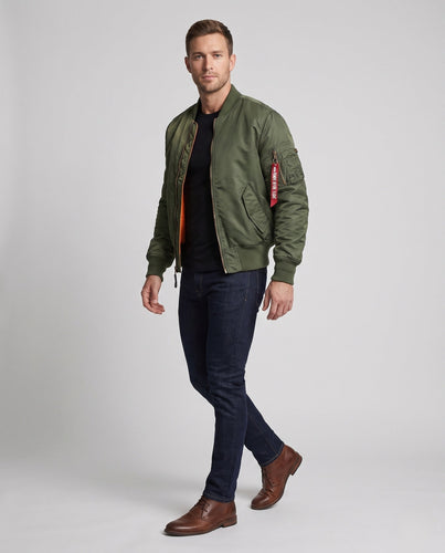 Männers klassische Piloten-Bomberjacke mit Kontrastfutter, Ärmel-Utility-Tasche und geripptem Saum Shop nory