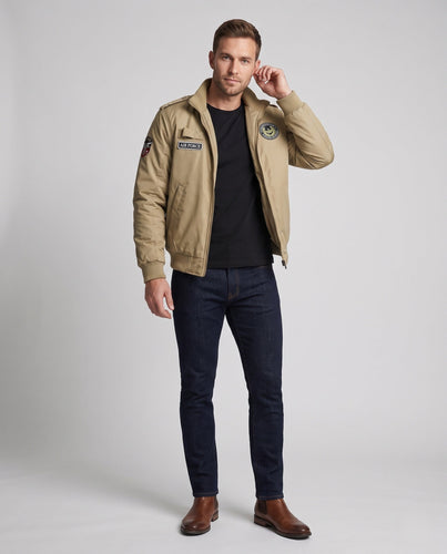 Herren gepolsterte Bomberjacke im Military-Look mit Teddyfutter, Stehkragen & Badge Shop nory
