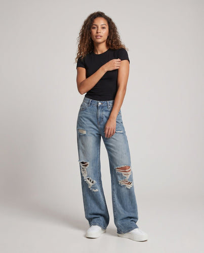 Damen High-Waisted Baggy Jeans im Destroyed Look mit weitem Bein Shop nory