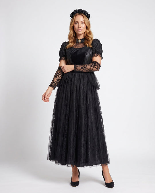 Damen Elegantes Gothic-Kleid mit Spitzen- und Tüllakzenten Shop Nory