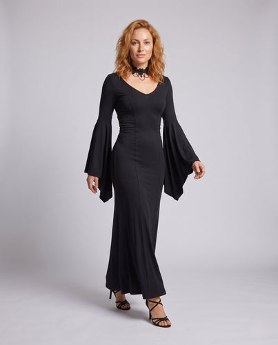 Damen Elegantes Maxikleid mit dramatischen Glockenärmeln und V-Ausschnitt Shop Nory
